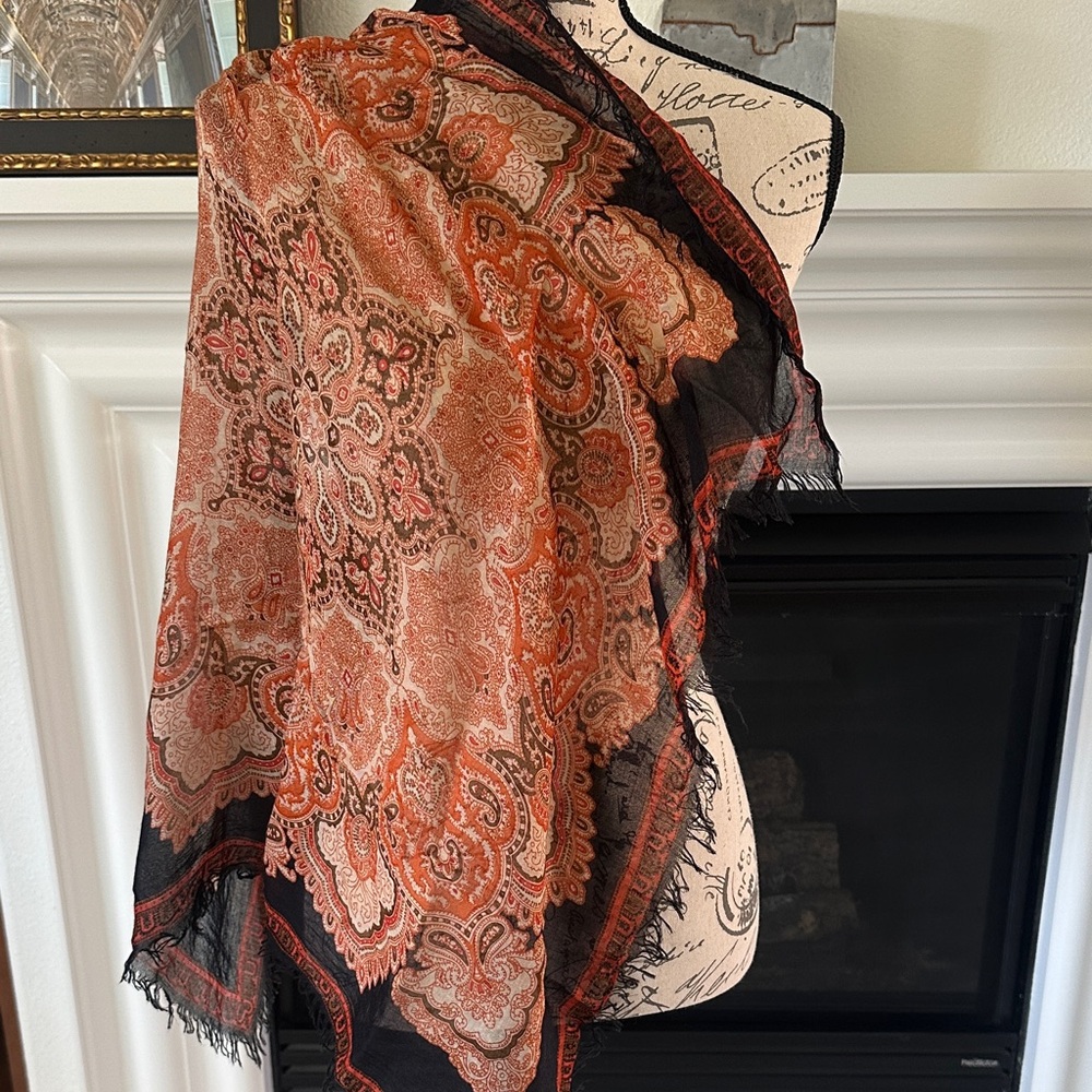 Free People Elegant Paisley Scarf in Black and Orange